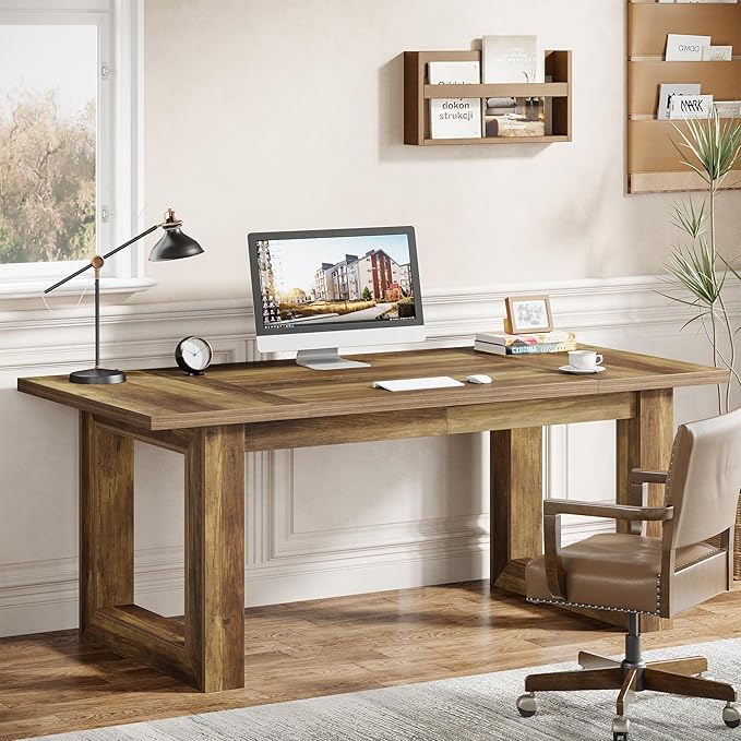 OfficeIn 63” Executive Computer Desk – Large Modern Home Office Desk with Solid Wooden Base, Simple Writing Table & Workstation, Rustic Brown