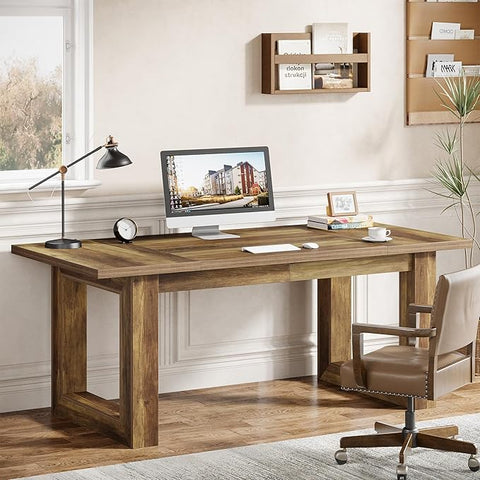 OfficeIn 63” Executive Computer Desk – Large Modern Home Office Desk with Solid Wooden Base, Simple Writing Table & Workstation, Rustic Brown