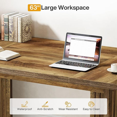 OfficeIn 63” Executive Desk – Large Computer Desk with Sturdy Wood Legs & Thick Tabletop, Mid-Century Modern Writing Table Workstation for Home Office, Rustic Brown