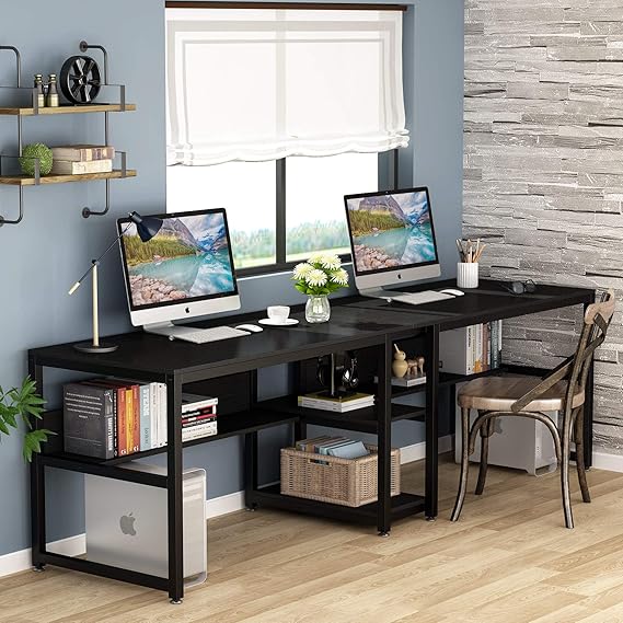 Double Computer Desk with Bookshelf – Two-Person Workstation, Rustic Writing Desk for Home Office (Black)