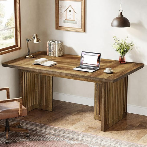 OfficeIn 63” Executive Desk – Large Computer Desk with Sturdy Wood Legs & Thick Tabletop, Mid-Century Modern Writing Table Workstation for Home Office, Rustic Brown