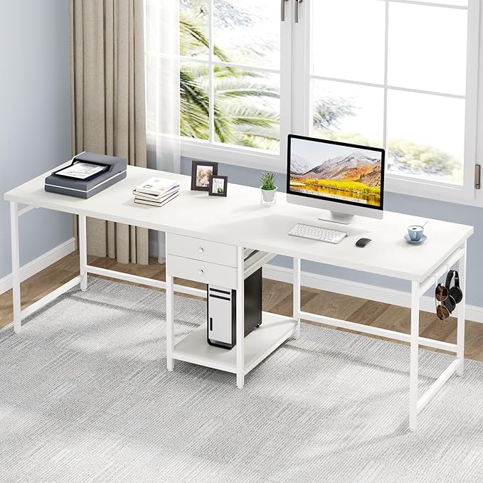 OfficeIn 78.74” Two-Person Desk with Drawers & Shelves – Extra Long Double Computer Desk, Industrial Workstation for Home Office & Gaming (White)