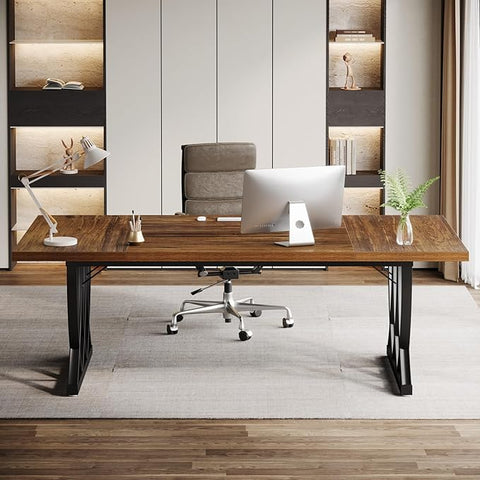 OfficeIn 70.86" Executive Desk – Large Home Office Workstation with Sturdy Metal Frame, Retro Brown & Black
