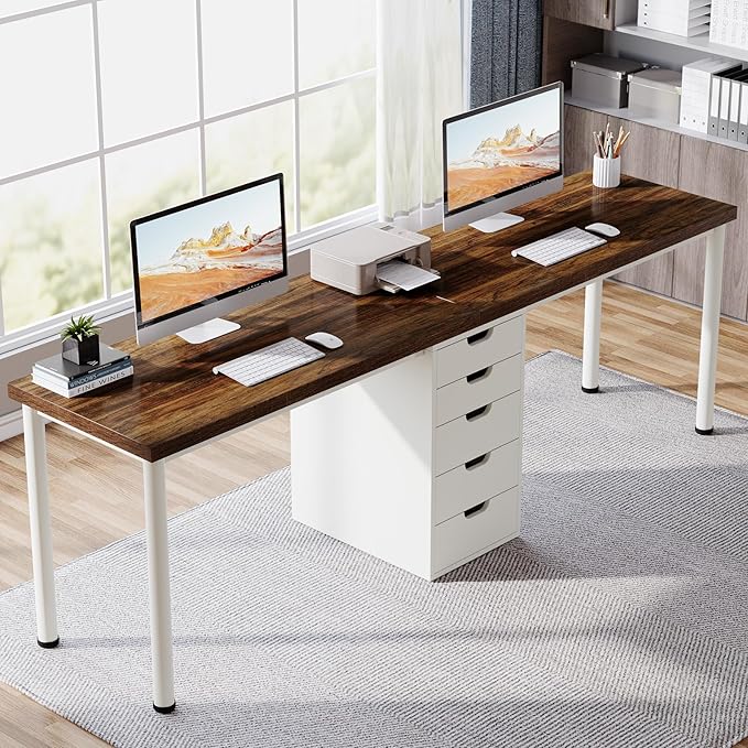Extra Long Double Computer Desk – Two-Person Workstation with 5 Drawers, Modern Home Office Study Writing Table (Brown/White)