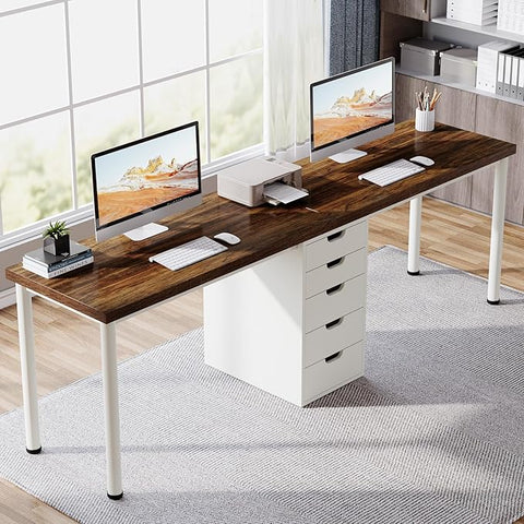 Extra Long Double Computer Desk – Two-Person Workstation with 5 Drawers, Modern Home Office Study Writing Table (Brown/White)