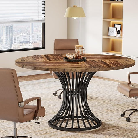 Round Conference Table – Industrial Office Meeting Table for 4–6 People with Rustic Wood Top & Metal Base