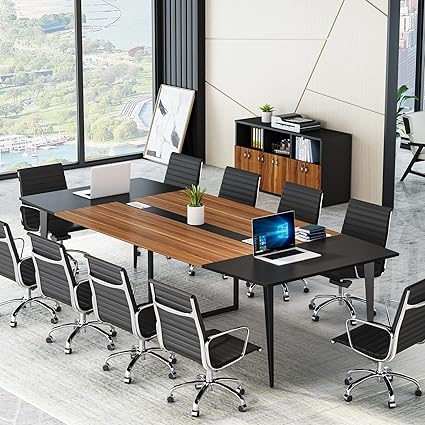 OfficeIn 8FT Boat-Shaped Conference Table – Modern Boardroom Desk (Walnut & Black)