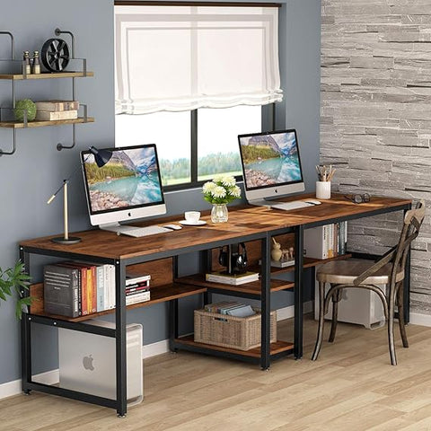 OfficeIn Two-Person Desk with Bookshelf – 78.7” Double Workstation for Home & Office