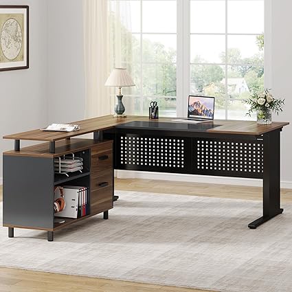 OfficeIn 63" L-Shaped Executive Desk with File Cabinet – Brown & Black Office Workstation
