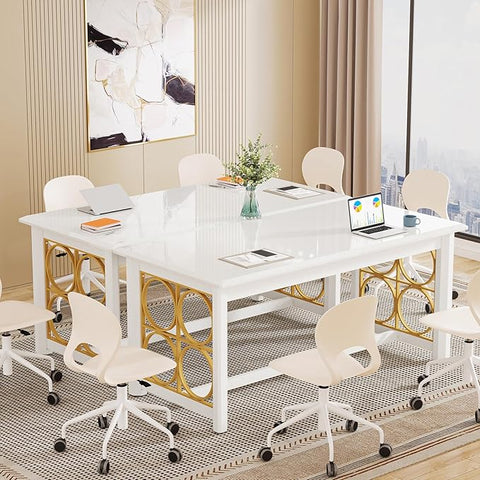 OfficeIn 63" Conference Table – Rectangular Meeting Table with Sturdy Gold Legs & Glossy Surface, Seminar Table for Office & Conference Room, White & Gold