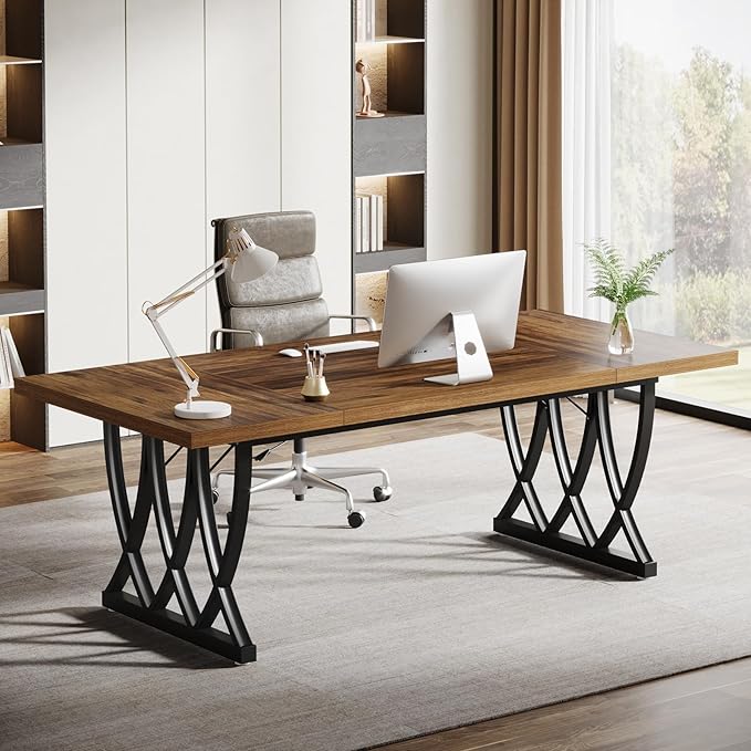 OfficeIn 70.86" Executive Desk – Large Home Office Workstation with Sturdy Metal Frame, Retro Brown & Black