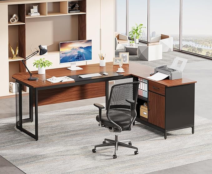 OfficeIn 63” L-Shaped Executive Desk & 31” File Cabinet – Home Office Desk with Drawer & Storage Shelves, Large Computer Workstation Business Furniture
