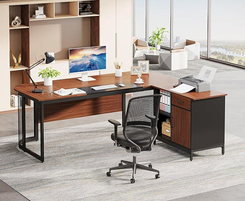 OfficeIn 63” L-Shaped Executive Desk & 31” File Cabinet – Home Office Desk with Drawer & Storage Shelves, Large Computer Workstation Business Furniture