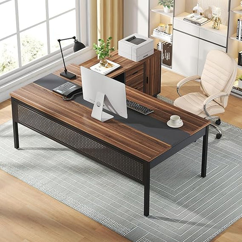 OfficeIn 70.8" L-Shaped Executive Desk & 47" File Cabinet – 2-Piece Home Office Workstation with Drawers & Shelves, Walnut