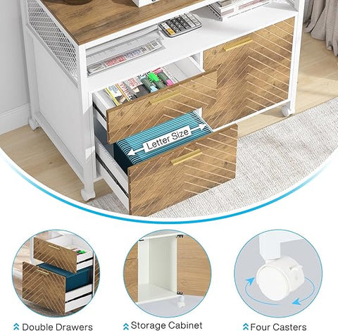 OfficeIn 63" L-Shaped Executive Desk & File Cabinet – 2-Piece Home Office Set, Walnut