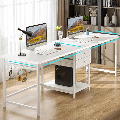 OfficeIn 79” Extra Long Double Desk – Two-Person Computer Desk with 2 Drawers & Storage Shelves, Spacious Workstation for Home Office & Study (White)