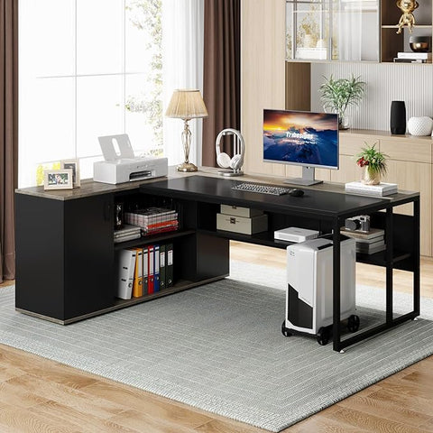 OfficeIn 71" L-Shaped Executive Desk with Cabinet Storage – Business Office Table with Shelves, Modern Workstation for Home Office, Gray