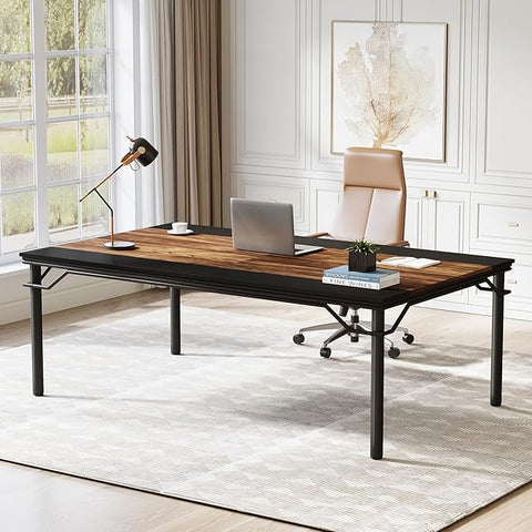 OfficeIn 78.74” Executive Desk – Extra Large Computer Desk Workstation, Modern Business Furniture for Home Office, Rustic Brown/Black