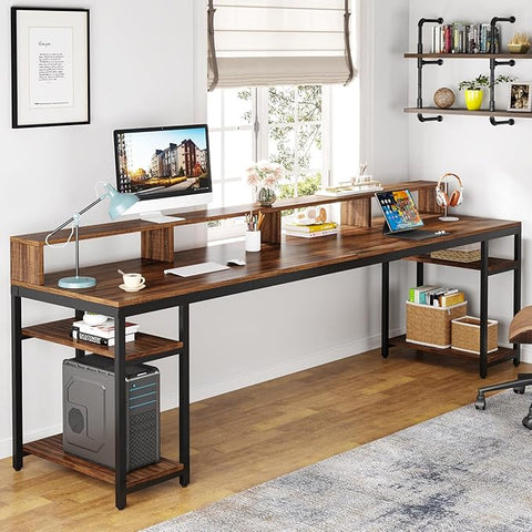 OfficeIn 2-Person Desk – 78.74" Double Workstation with Monitor Stand & Storage Shelves