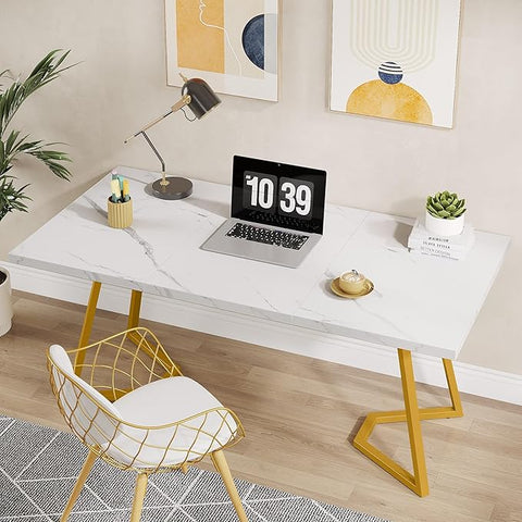 OfficeIn 55” Modern Gold Computer Desk – White & Gold Home Office Desk with Metal Legs, Faux Marble Writing Table for Small Spaces & Bedroom