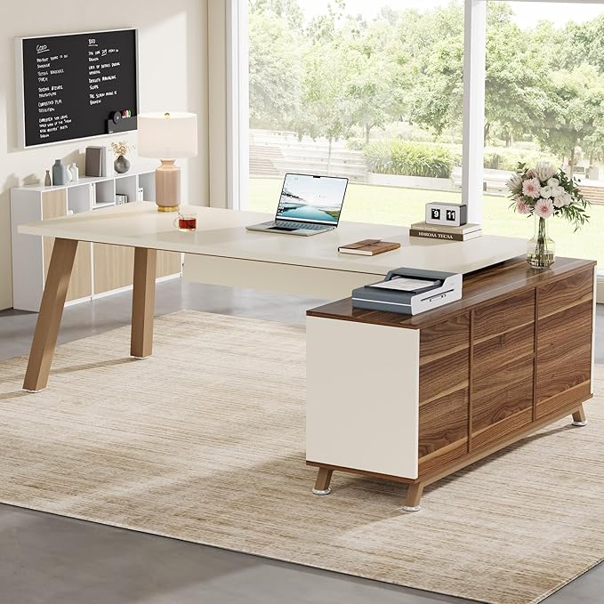 OfficeIn 71” L-Shaped Executive Desk with 55” Cabinet – Large Office Desk with Storage Shelves, Modern Computer Desk for Home Office, Walnut & White