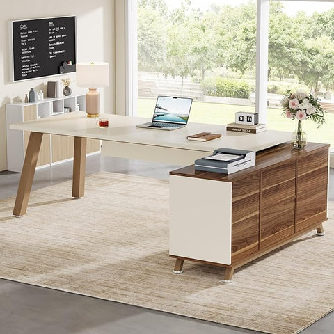 OfficeIn 71” L-Shaped Executive Desk with 55” Cabinet – Large Office Desk with Storage Shelves, Modern Computer Desk for Home Office, Walnut & White