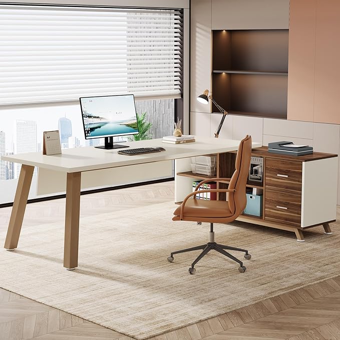 OfficeIn 71” L-Shaped Executive Desk with 55” Cabinet – Large Office Desk with Storage Shelves, Modern Computer Desk for Home Office, Walnut & White