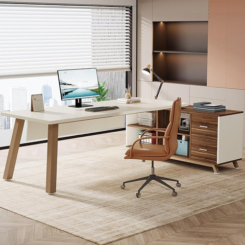 OfficeIn 71” L-Shaped Executive Desk with 55” Cabinet – Large Office Desk with Storage Shelves, Modern Computer Desk for Home Office, Walnut & White