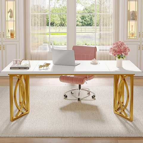 OfficeIn 70.9” Modern Home Office Desk – Large Wood Computer Desk with Gold Metal Frame, Simple Study Writing Table Workstation for Bedroom & Office, White/Gold