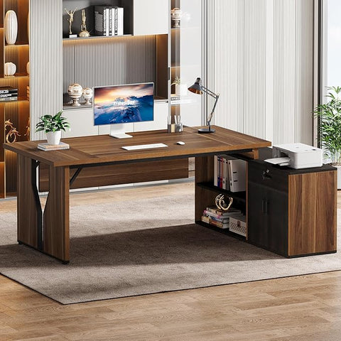 L-Shaped Executive Office Desk with Cabinet – Large Computer Desk with Locking Drawer & Storage Shelves | Business Workstation for Home Office