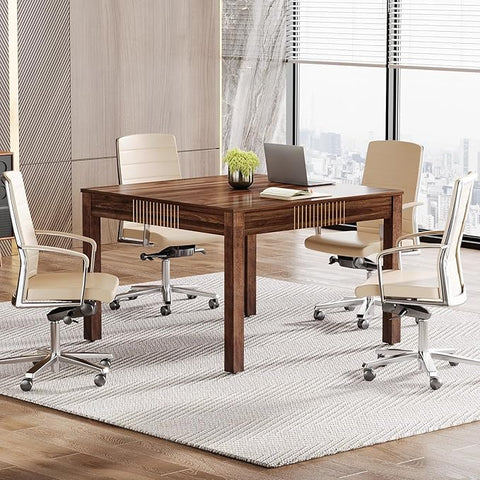 OfficeIn 39.3" Square Conference Table with Storage – Small Meeting Table for 4, Solid Wood Legs