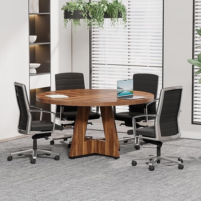OfficeIn 47" Round Conference Table – Wooden Meeting Table for 4-6, Sturdy Base & Thick Top (Walnut)
