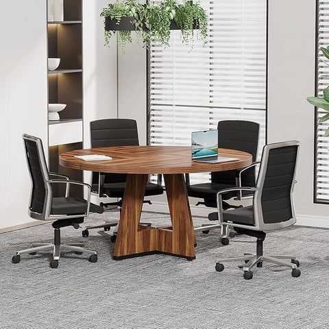 OfficeIn 47" Round Conference Table – Wooden Meeting Table for 4-6, Sturdy Base & Thick Top (Walnut)