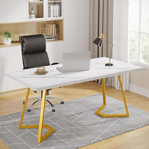 OfficeIn 55” Modern Gold Computer Desk – White & Gold Home Office Desk with Metal Legs, Faux Marble Writing Table for Small Spaces & Bedroom