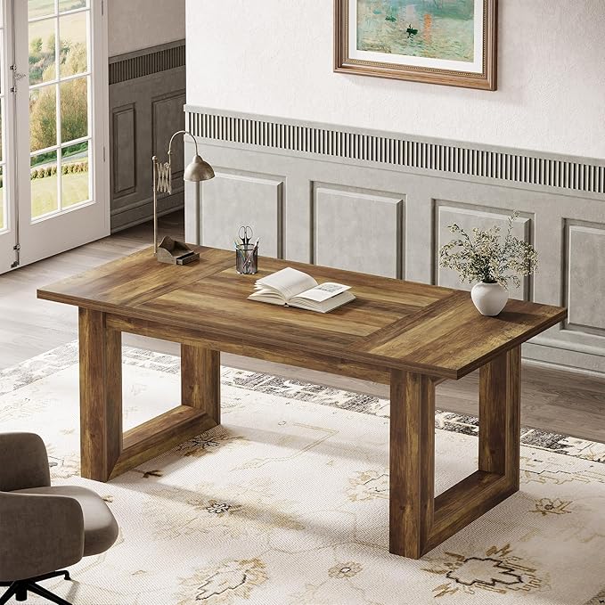 OfficeIn 63” Executive Computer Desk – Large Modern Home Office Desk with Solid Wooden Base, Simple Writing Table & Workstation, Rustic Brown