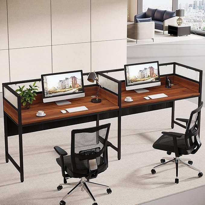 Four-Person Modular Workstation Desk with Privacy Panels – Brown & Black Office Desk with Wire Grommet