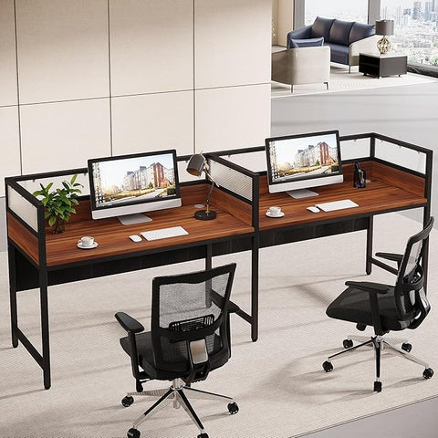OfficeIn 94.48" Two-Person Office Desk with Privacy Panel – Long Modular Workstation Desk with Wire Grommet, Brown & Black