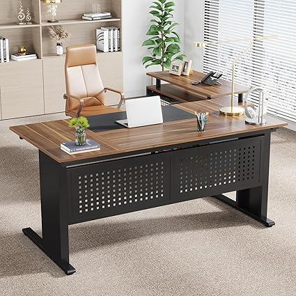 OfficeIn 63" L-Shaped Executive Desk with File Cabinet – Brown & Black Office Workstation