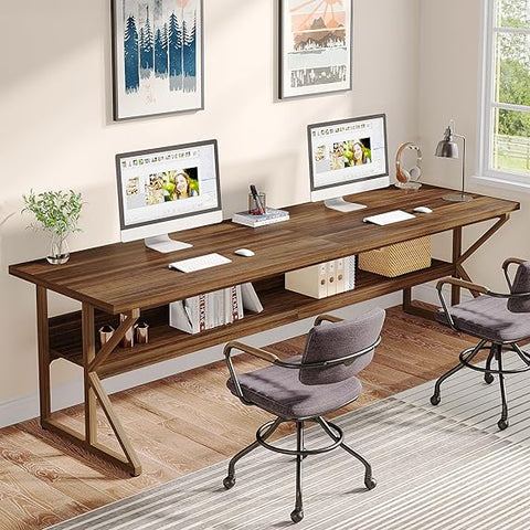 OfficeIn 79” Extra Long Double Desk – Two-Person Workstation with Storage Shelf, Spacious Writing Table for Home Office & Study (Brown)
