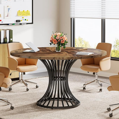 Round Conference Table – Industrial Office Meeting Table for 4–6 People with Rustic Wood Top & Metal Base