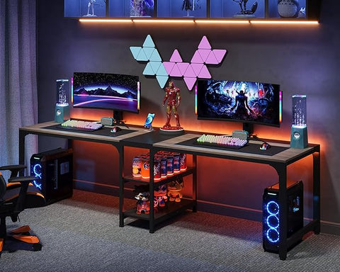 OfficeIn 90.55” Extra Long Double Desk with Storage Shelves – Two-Person Workstation, Spacious Computer Desk for Home Office (Black & Gray)