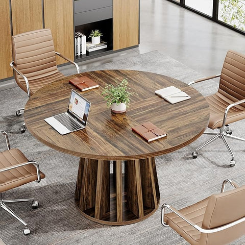 OfficeIn 47" Farmhouse Round Conference Table – Rustic Meeting Table for 4-6 People