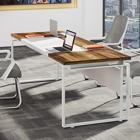 OfficeIn 63” Modern Conference Table – 5FT Meeting Table for Home Office, Business Training & Seminar, Stylish Metal Legs (Oak Karo & White)