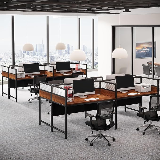 OfficeIn 94.48" Two-Person Office Desk with Privacy Panel – Long Modular Workstation Desk with Wire Grommet, Brown & Black