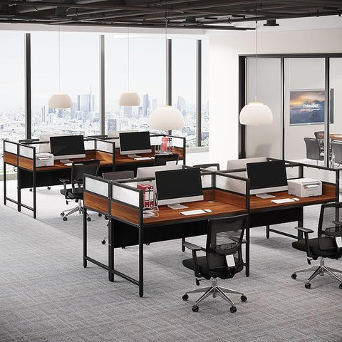 OfficeIn 94.48" Two-Person Office Desk with Privacy Panel – Long Modular Workstation Desk with Wire Grommet, Brown & Black