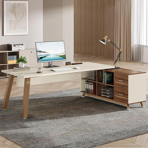 OfficeIn 71” L-Shaped Executive Desk with 55” Cabinet – Large Office Desk with Storage Shelves, Modern Computer Desk for Home Office, Walnut & White