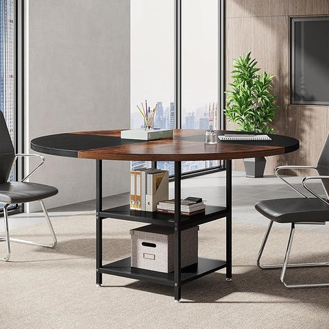 Round Conference Table – Modern Office Meeting Table for 4–6 People with Storage Shelf & Sturdy Metal Legs