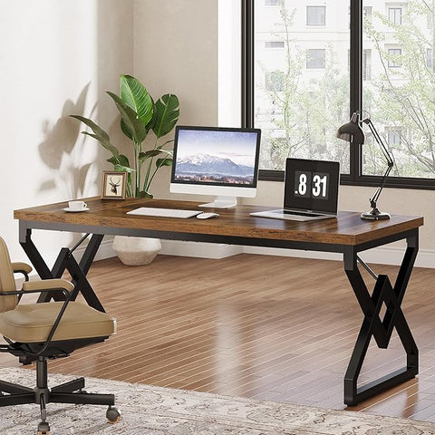 OfficeIn 63" Industrial Executive Desk – Heavy-Duty 300 lb Capacity, Vintage Brown & Black