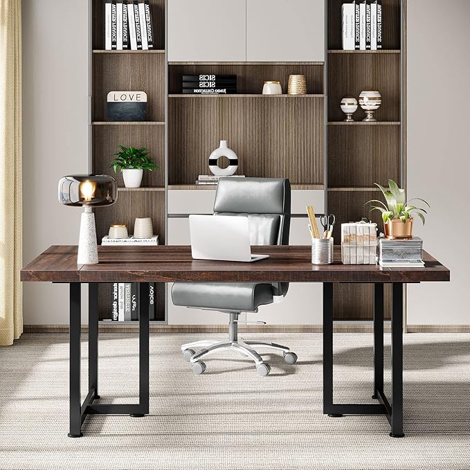 OfficeIn 70.8” Executive Desk – Large Wooden Computer Desk, Industrial Business Workstation & Seminar Table for Home Office, Brown