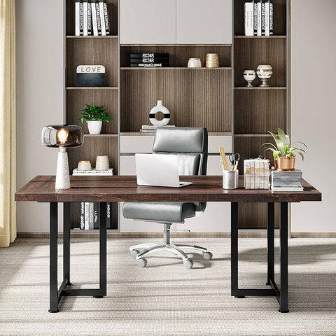 OfficeIn 70.8” Executive Desk – Large Wooden Computer Desk, Industrial Business Workstation & Seminar Table for Home Office, Brown